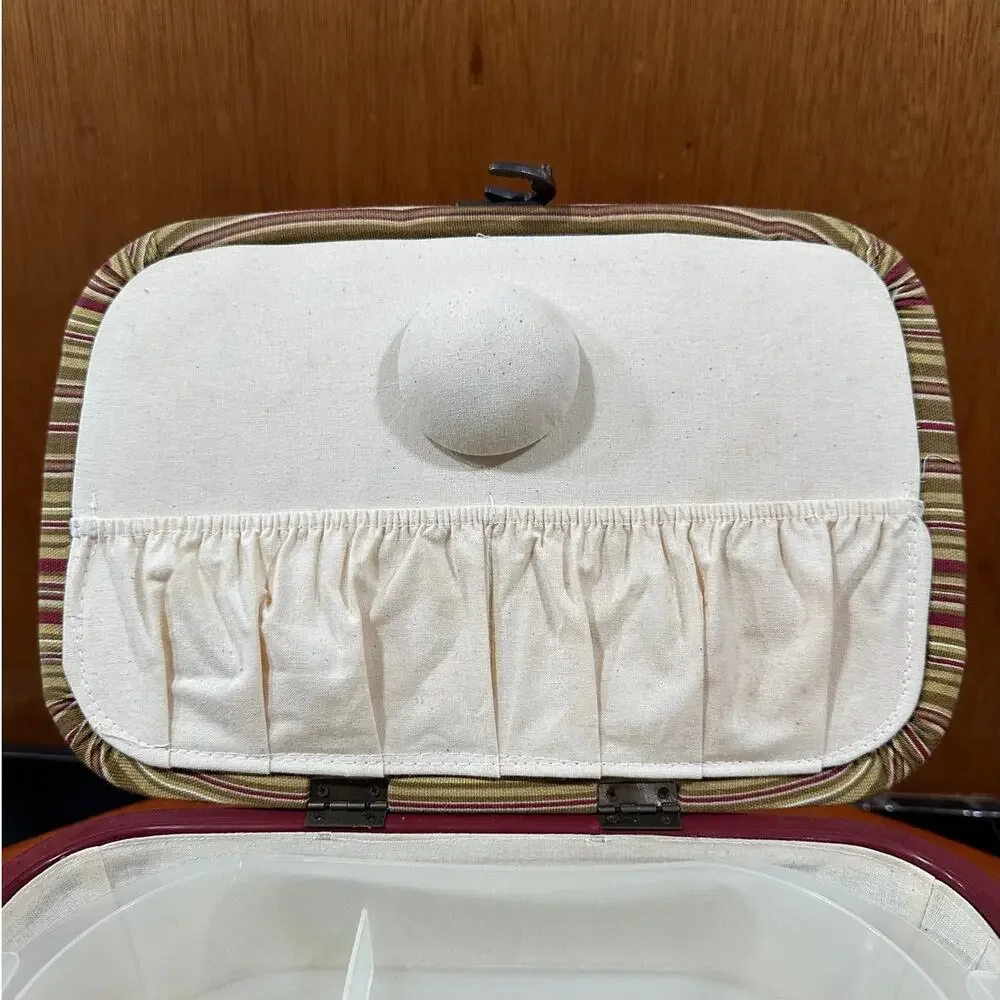 Vintage Striped Fabric Covered Sewing Box/Tote with Lining and Tray